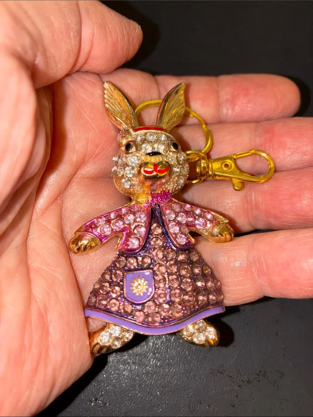 Gold-Tone Pink Crystal Bunny Charm Keychain